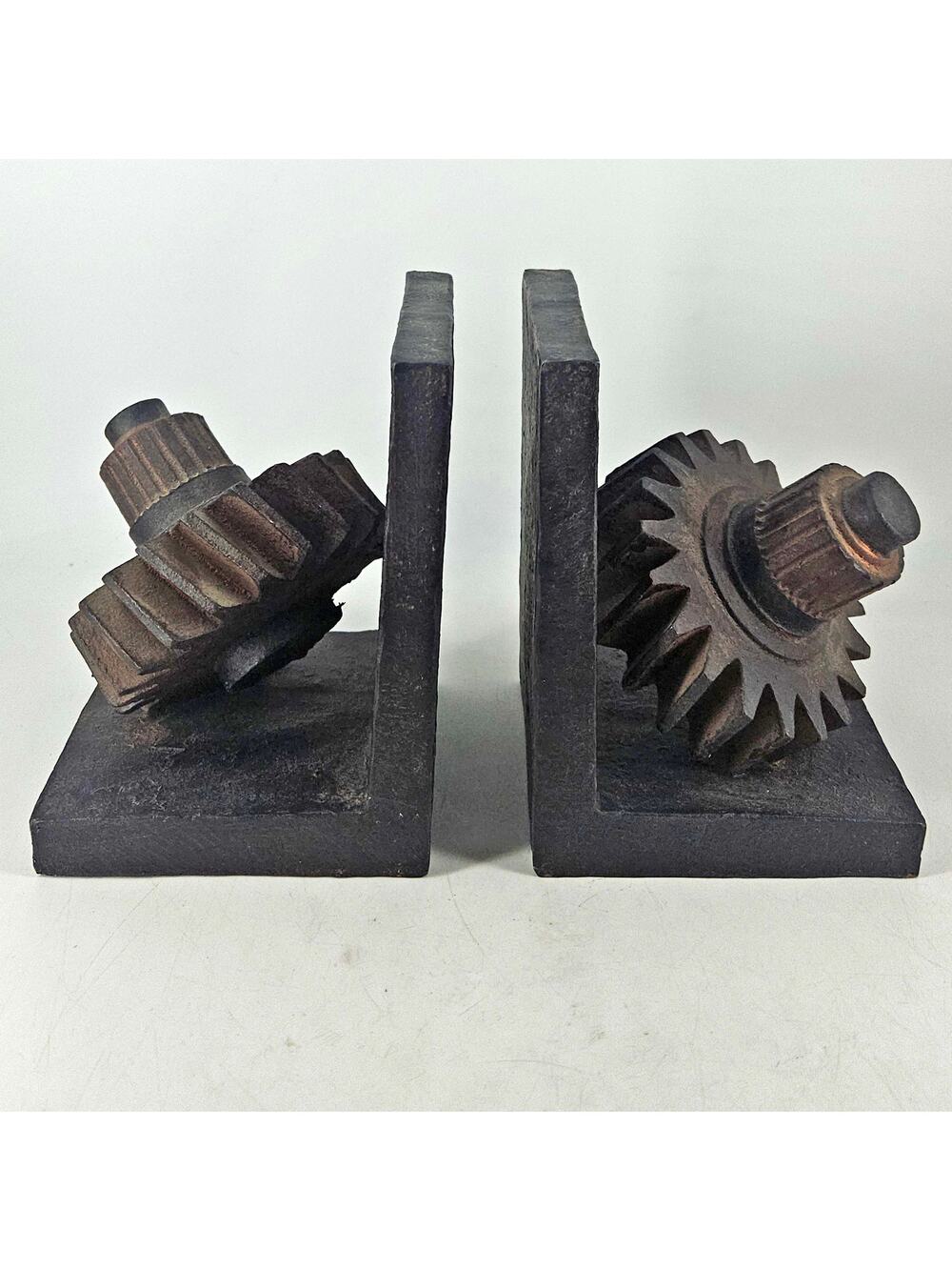 Set of 2 Brown Polystone rusty Gear primitive Bookends steampunk